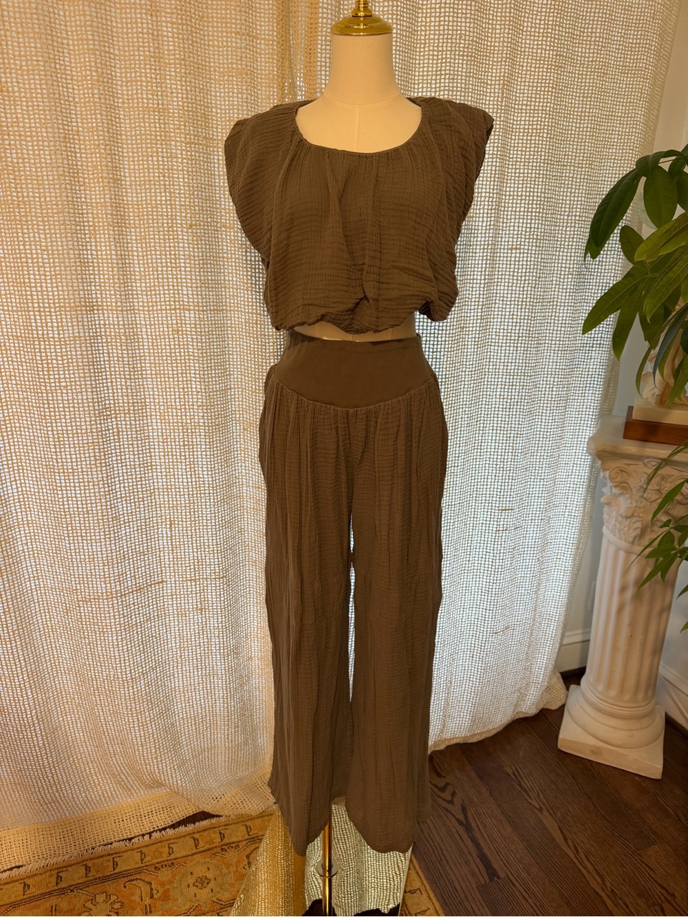 Free People Olive-Brown/Green Wide-Leg Crinkle Two-Piece Set